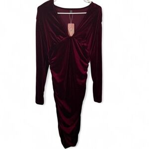 SHEIN SXY Dress Womens Medium Burgundy Velvet Ruched Long Sleeve Midi